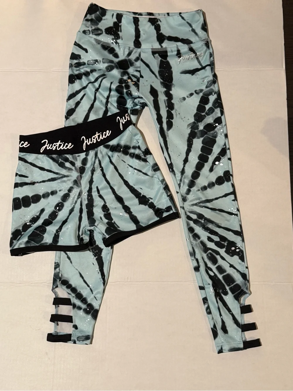 Justice Girls Active Set Tie Dye Glitter Leggings Shorts 10